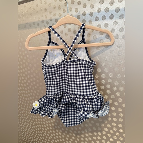 Little Me Navy and White Gingham Swimsuit with Daisy Details - Picture 4 of 5